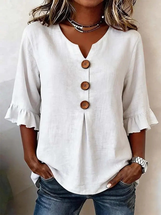 Summer Women's V-neck Cotton Linen Button-up Top